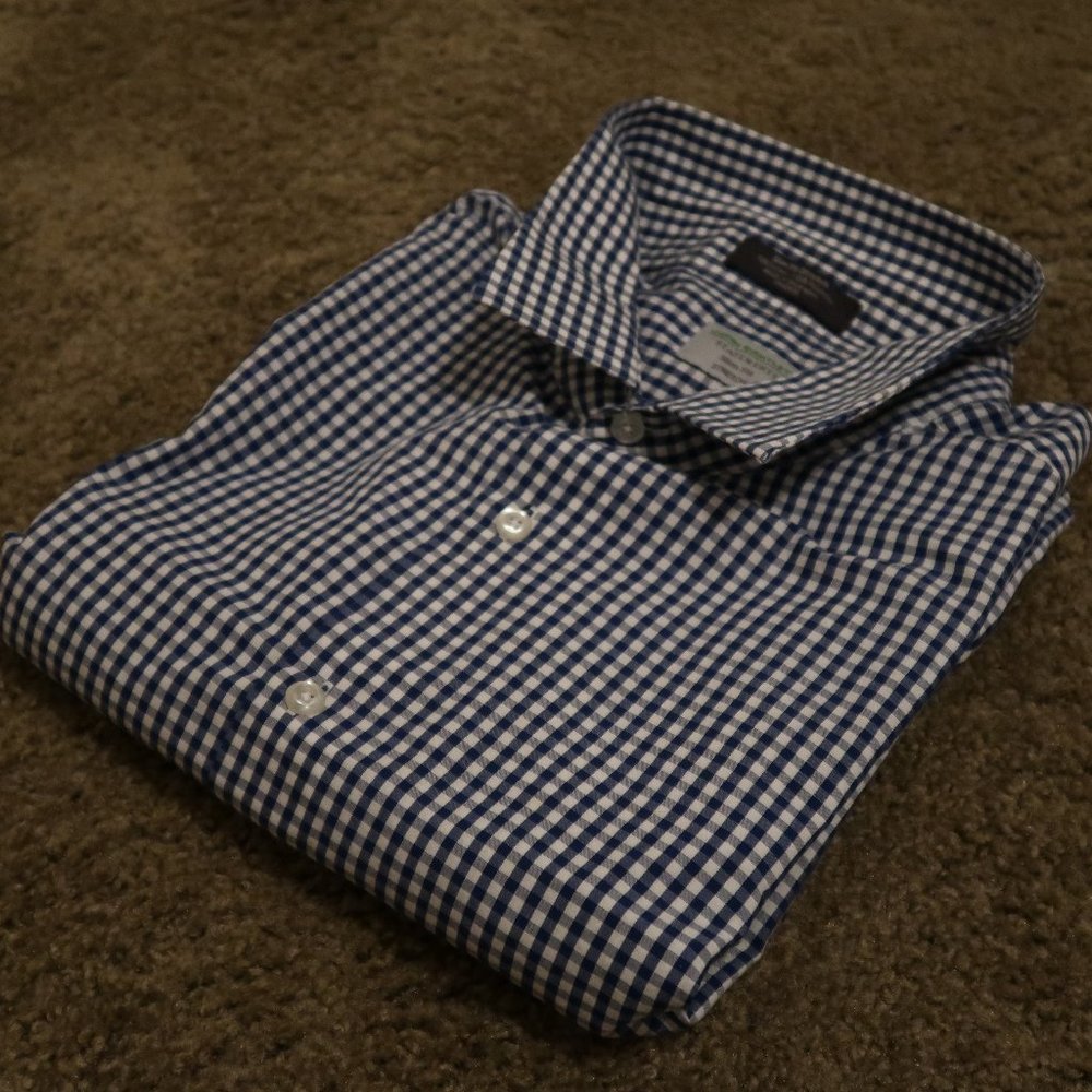 blue white checker dress shirt 18.5 34/35